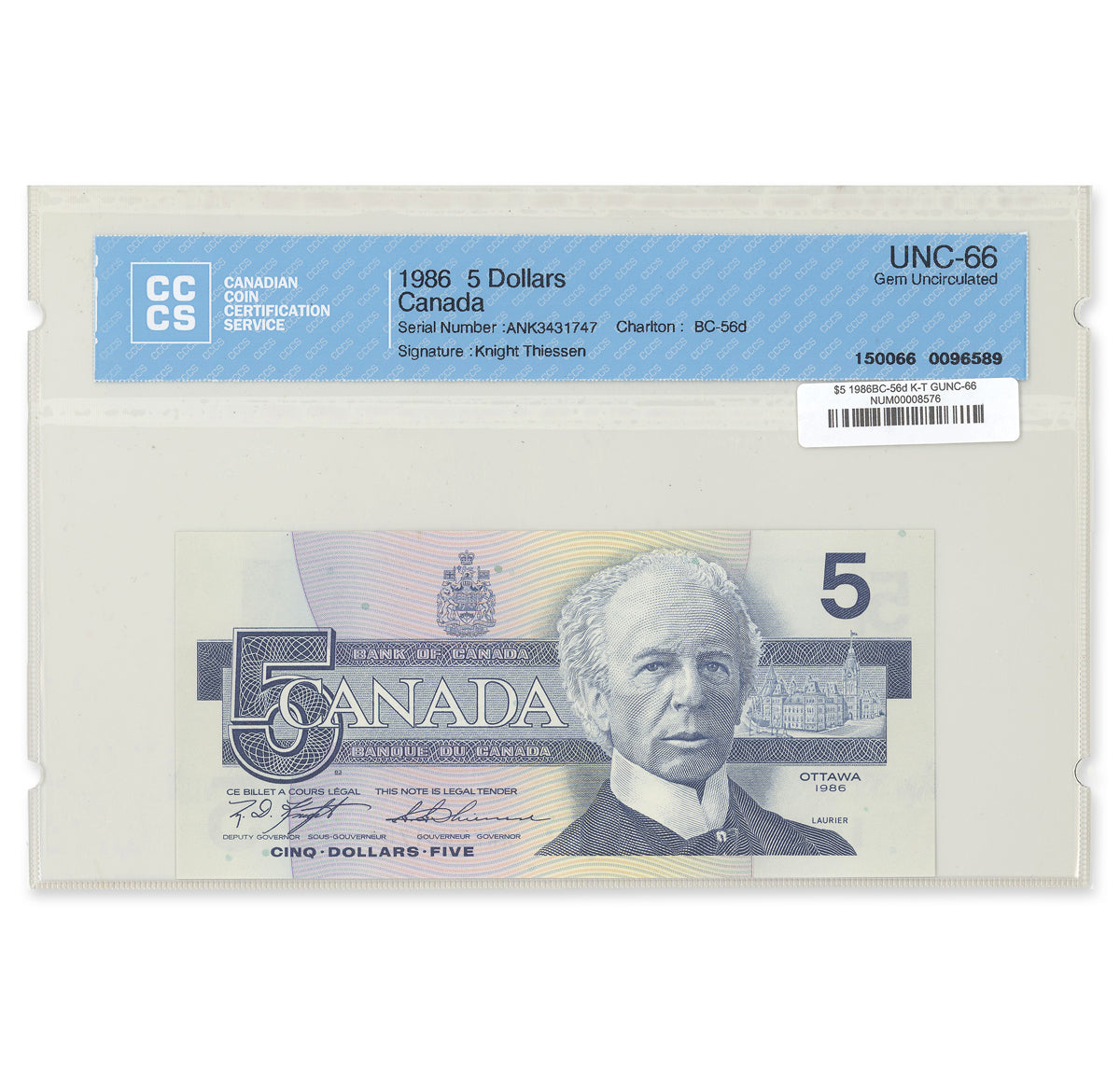 $5 1986 BC-56d Knight-Thiessen Prefix ANK CCCS GUNC-66