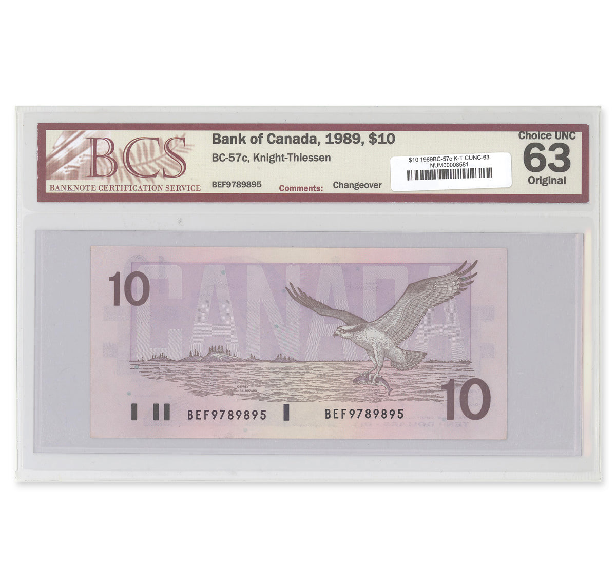 $10 1989 BC-57c Knight-Thiessen Prefix BEF BCS CUNC-63 Original