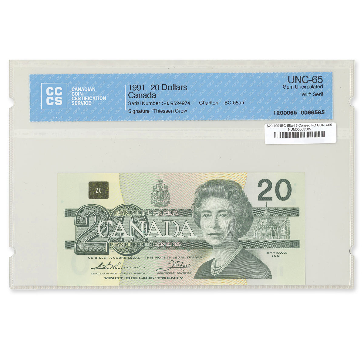 $20 1991 BC-58a-i 5 Consecutive Thiessen-Crow Prefix EIJ CCCS GUNC-65