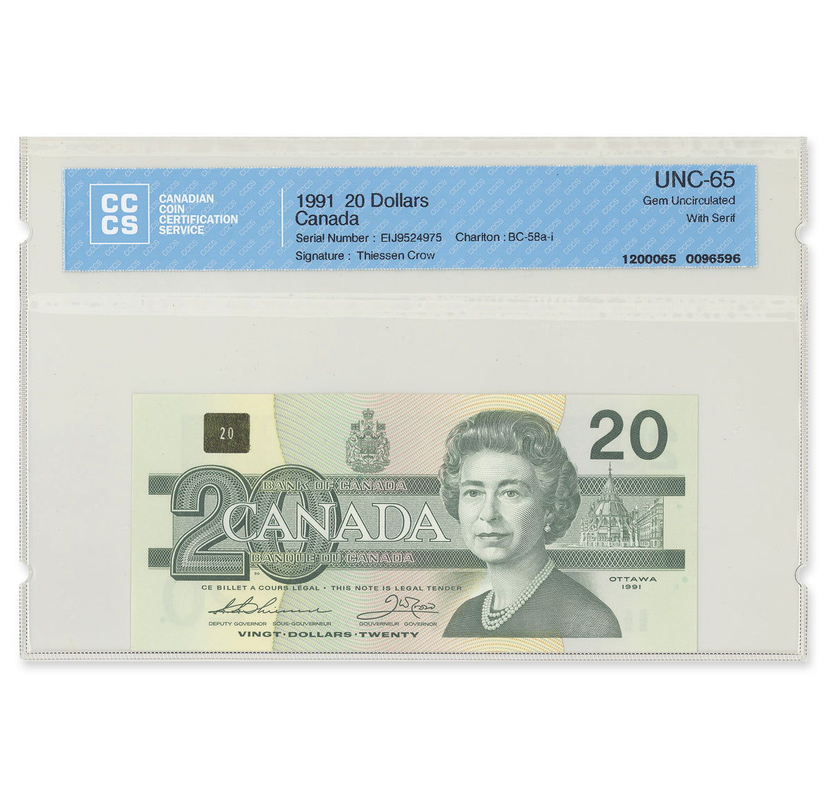 $20 1991 BC-58a-i 5 Consecutive Thiessen-Crow Prefix EIJ CCCS GUNC-65