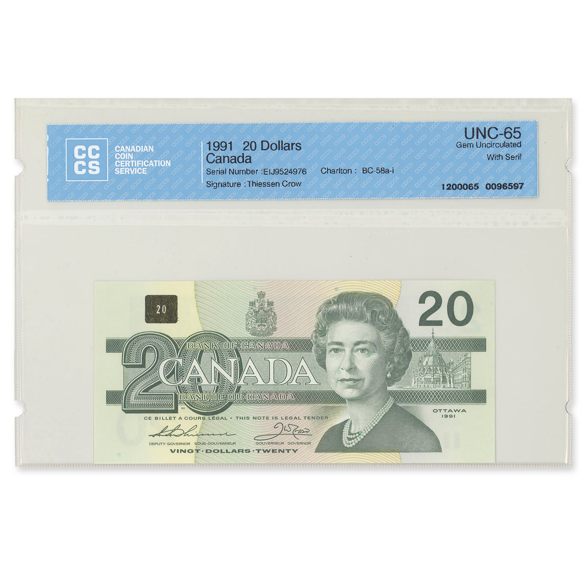 $20 1991 BC-58a-i 5 Consecutive Thiessen-Crow Prefix EIJ CCCS GUNC-65