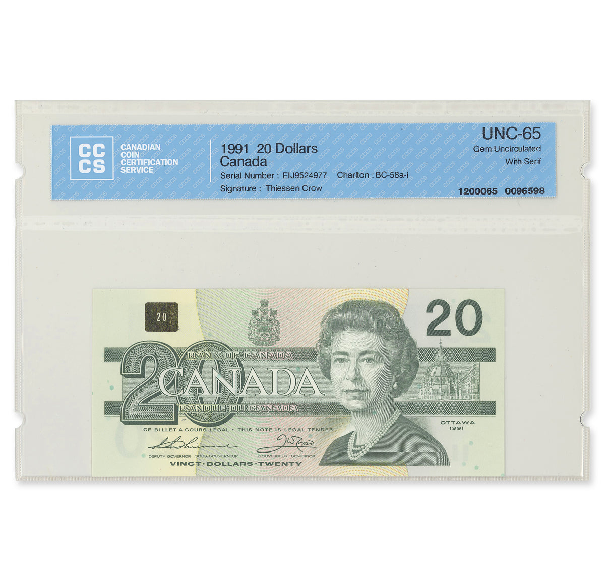 $20 1991 BC-58a-i 5 Consecutive Thiessen-Crow Prefix EIJ CCCS GUNC-65