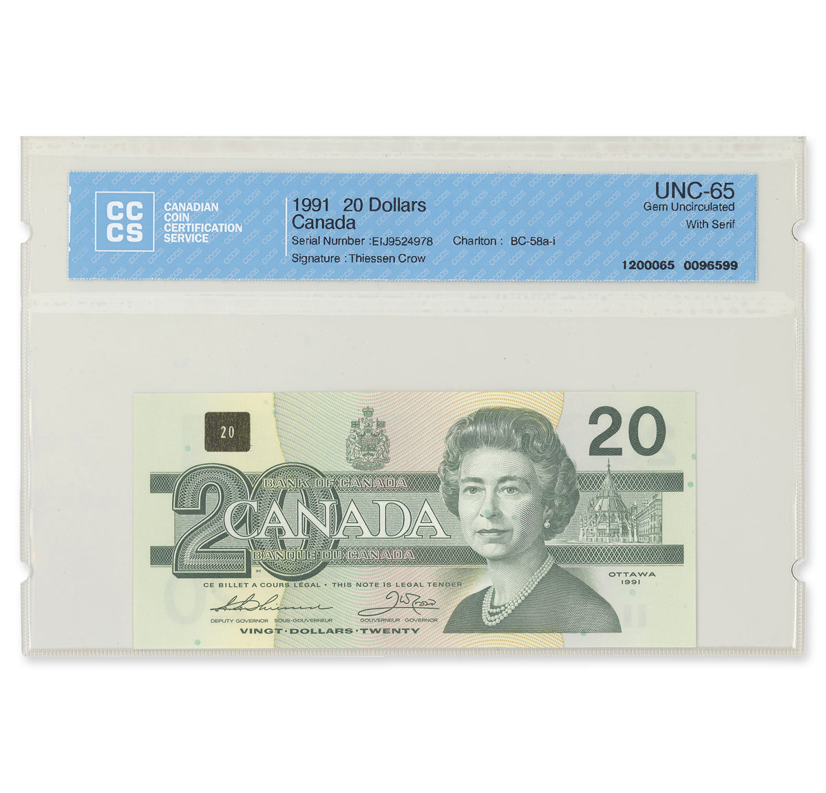 $20 1991 BC-58a-i 5 Consecutive Thiessen-Crow Prefix EIJ CCCS GUNC-65