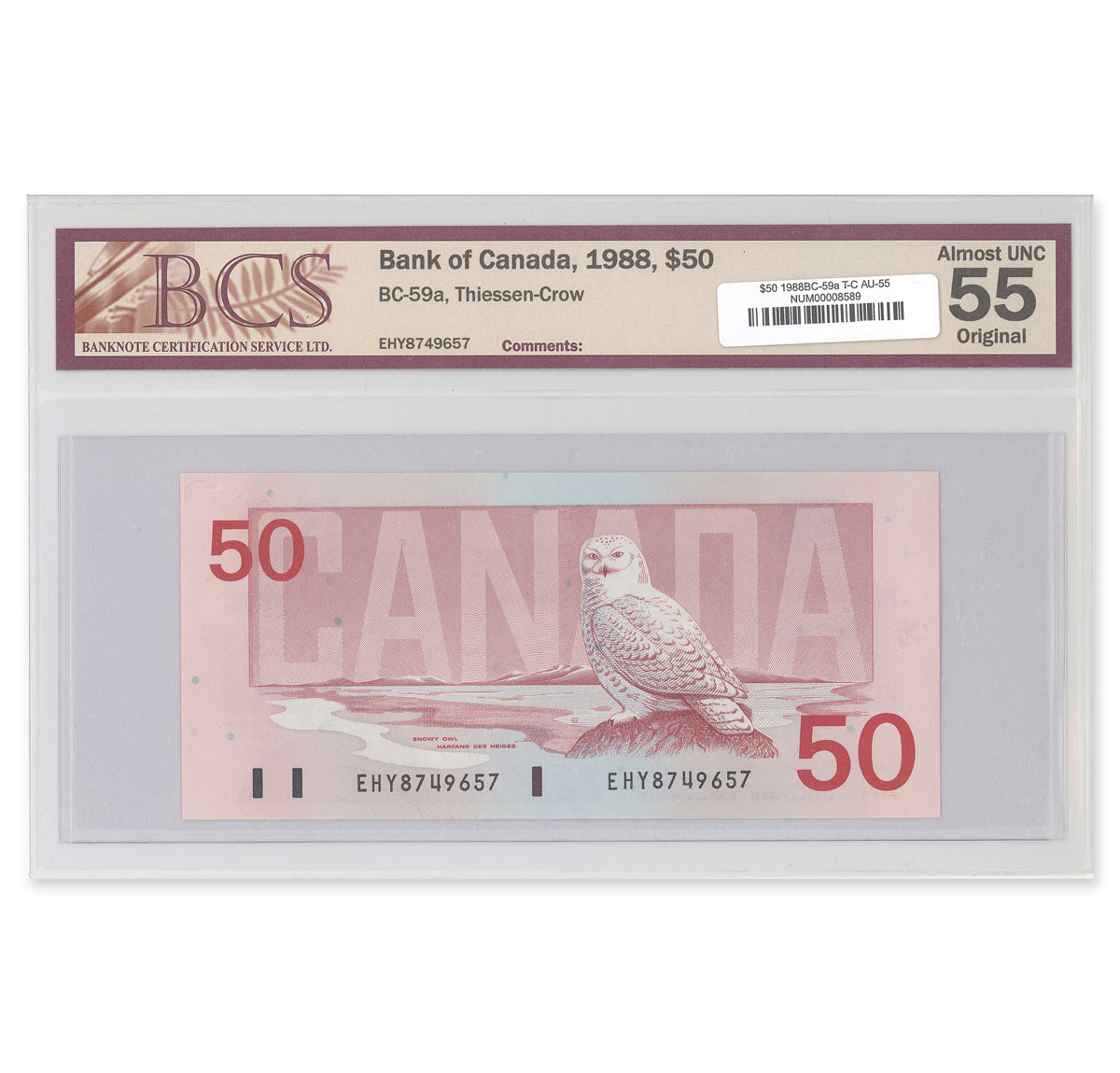 $50 1988 BC-59a Thiessen-Crow Prefix EHY BCS AU-55 Original