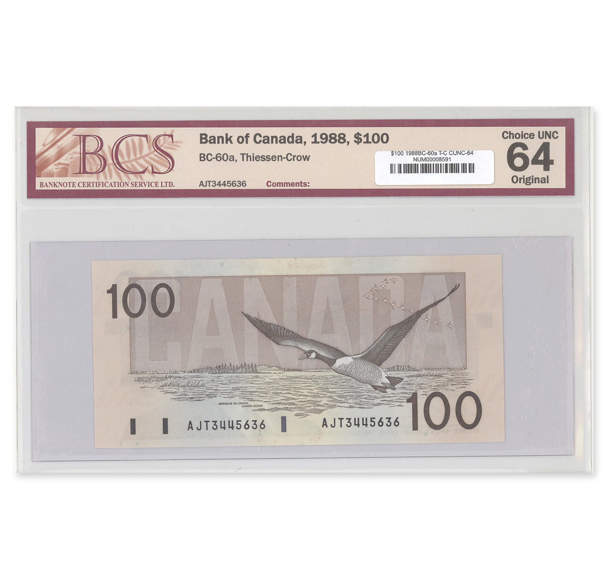 $100 1988 BC-60a Thiessen-Crow Prefix AJT BCS CUNC-64 Original