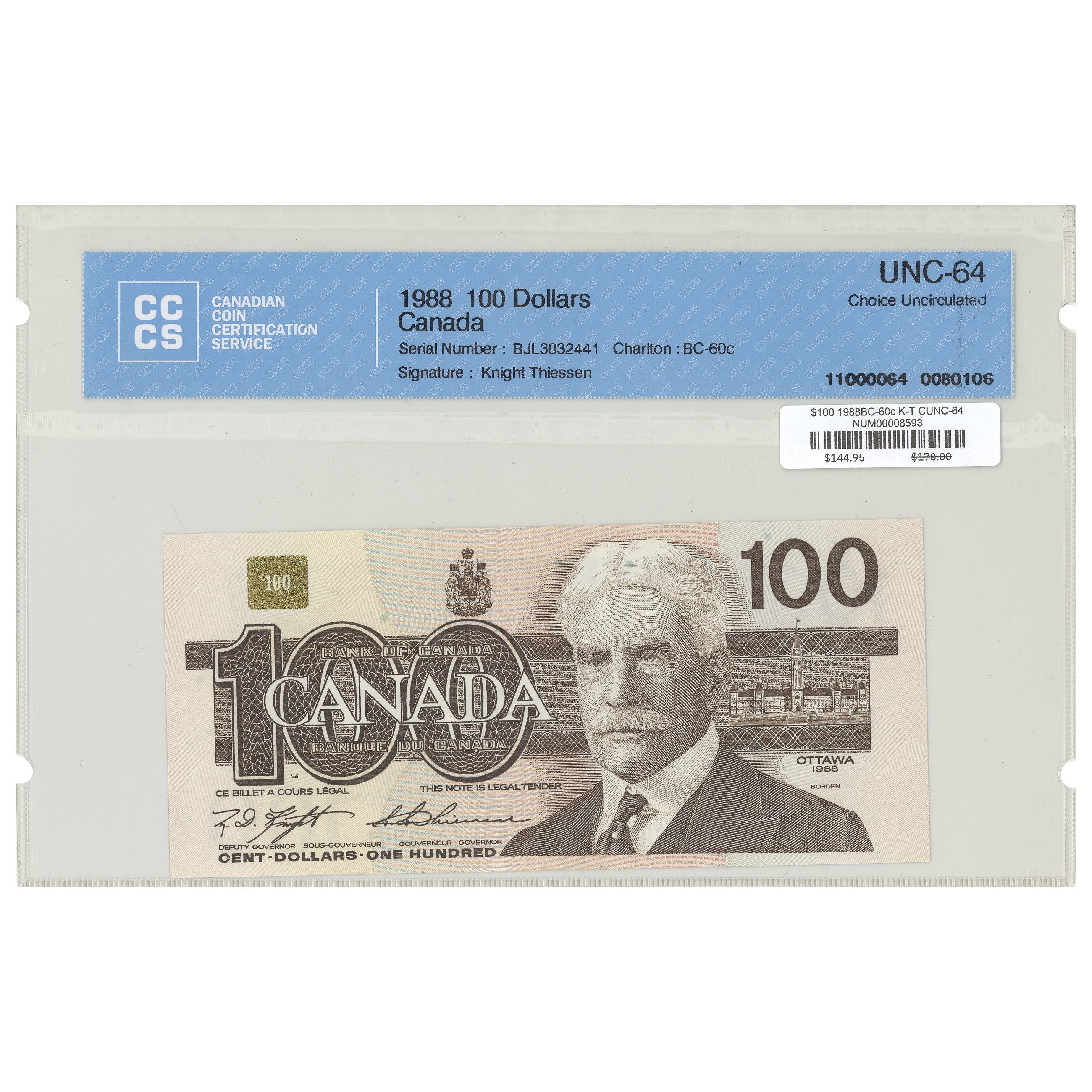 $100 1988 BC-60c Knight-Thiessen Prefix BJL CCCS CUNC-64
