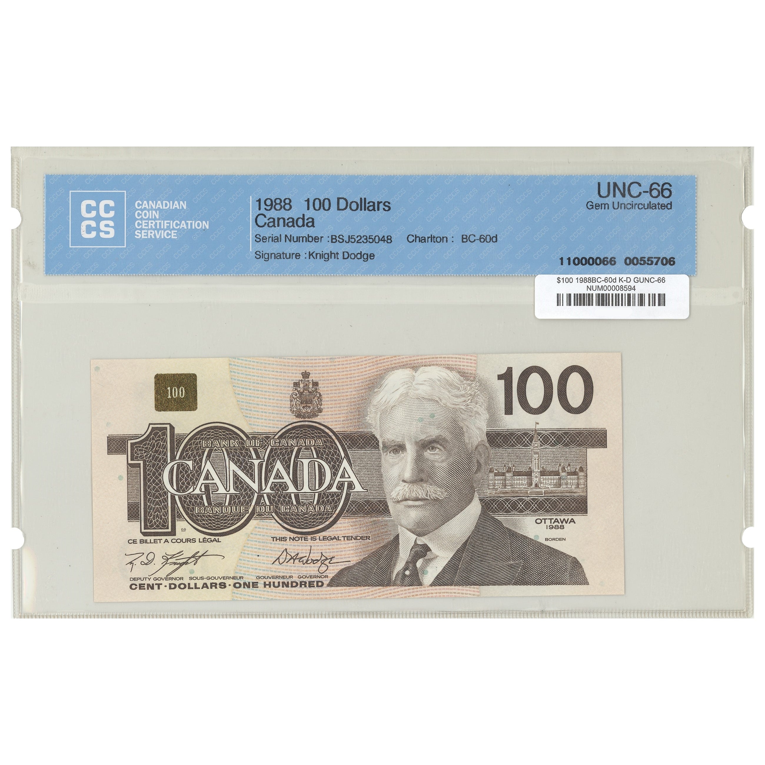 $100 1988 BC-60d Knight-Dodge Prefix BJS CCCS GUNC-66
