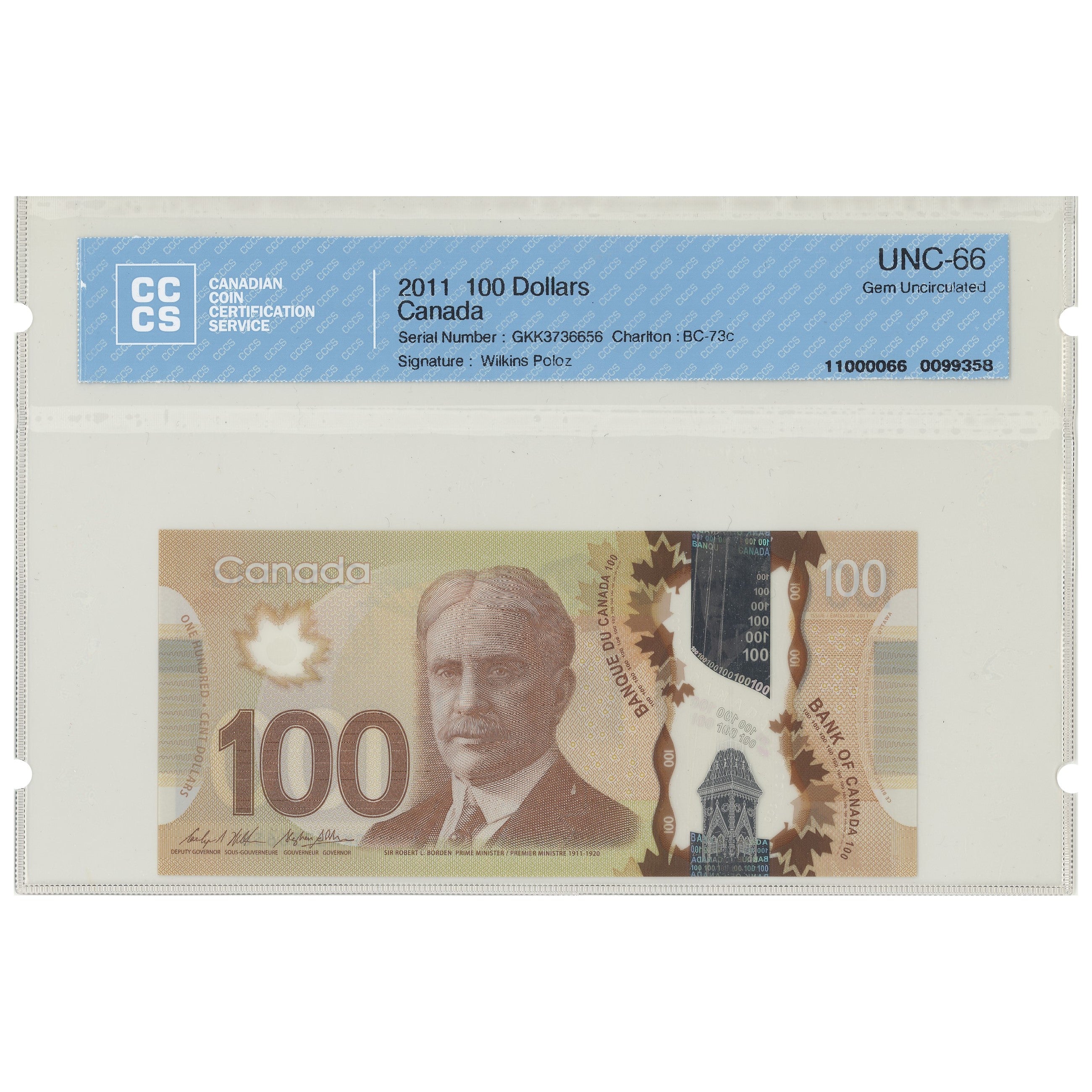 $100 2011 BC-73c 2 Consecutive Wilkins-Poloz Prefix GKK CCCS GUNC-66