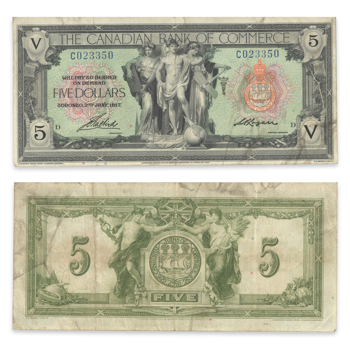 $5 1917 75-16-04-06a Canadian Bank of Commerce Aird-Logan Prefix C VF-30