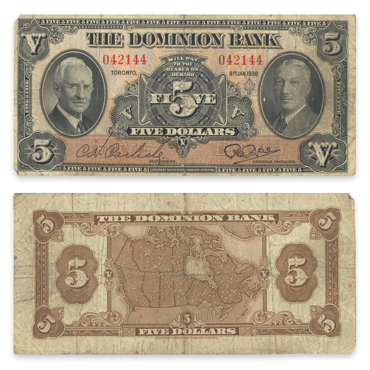 $5 1938 220-28-02 Dominion Bank Carlisle-Rae VG-8
