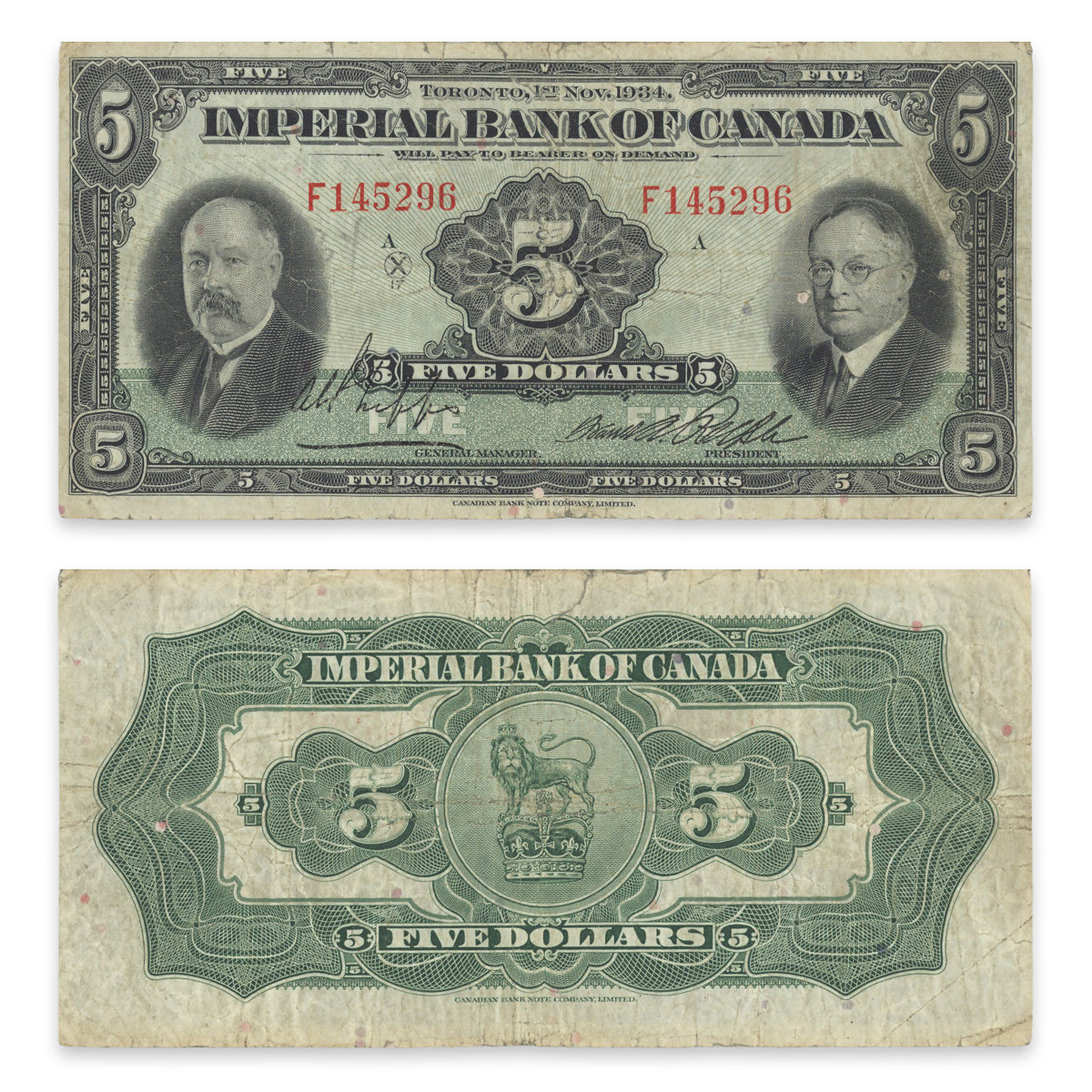 $5 1934 375-22-02 Imperial Bank of Canada Phipps-Rolph Prefix F F-15