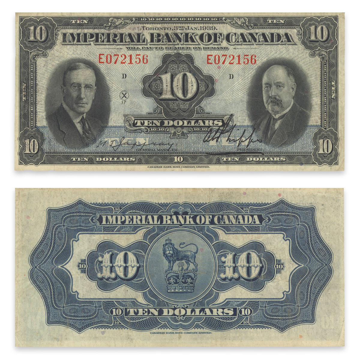 $10 1939 375-24-04 Imperial Bank of Canada Jaffray-Phipps Prefix E VF-35