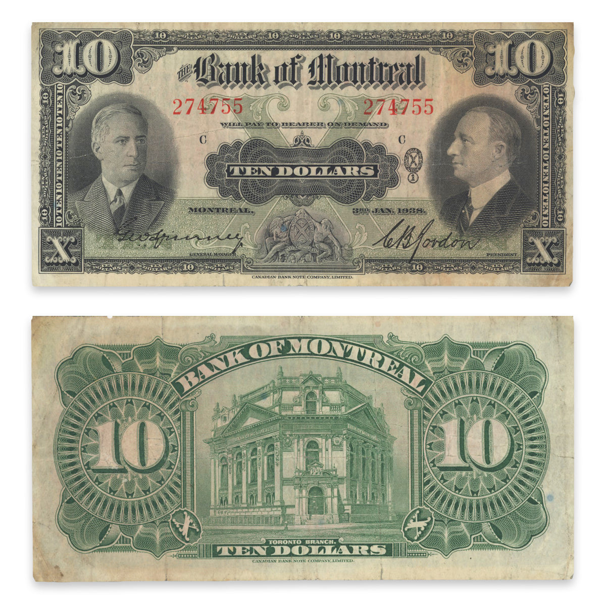 $10 1938 505-62-04 The Bank of Montreal Spinney-Gordon VF-20