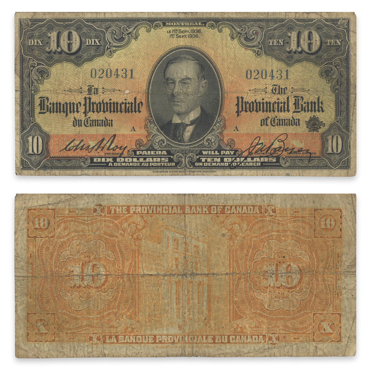 $10 1936 615-18-06 La Banque Provincial du Canada Roy-Boyer VG-8