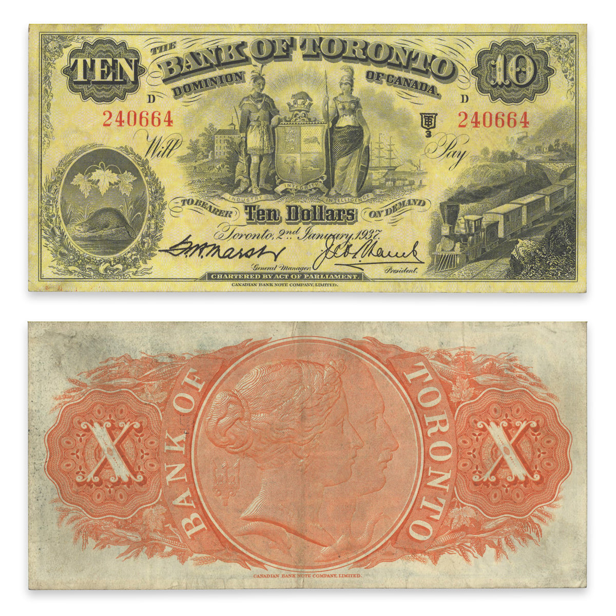 $10 1937 715-24-12 The Bank of Toronto Marsh-Lamb VF-35