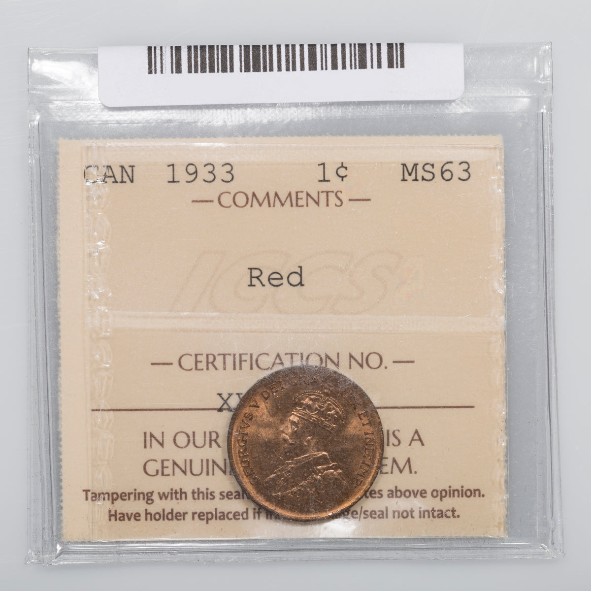 1 Cent 1933 ICCS MS-63 Red