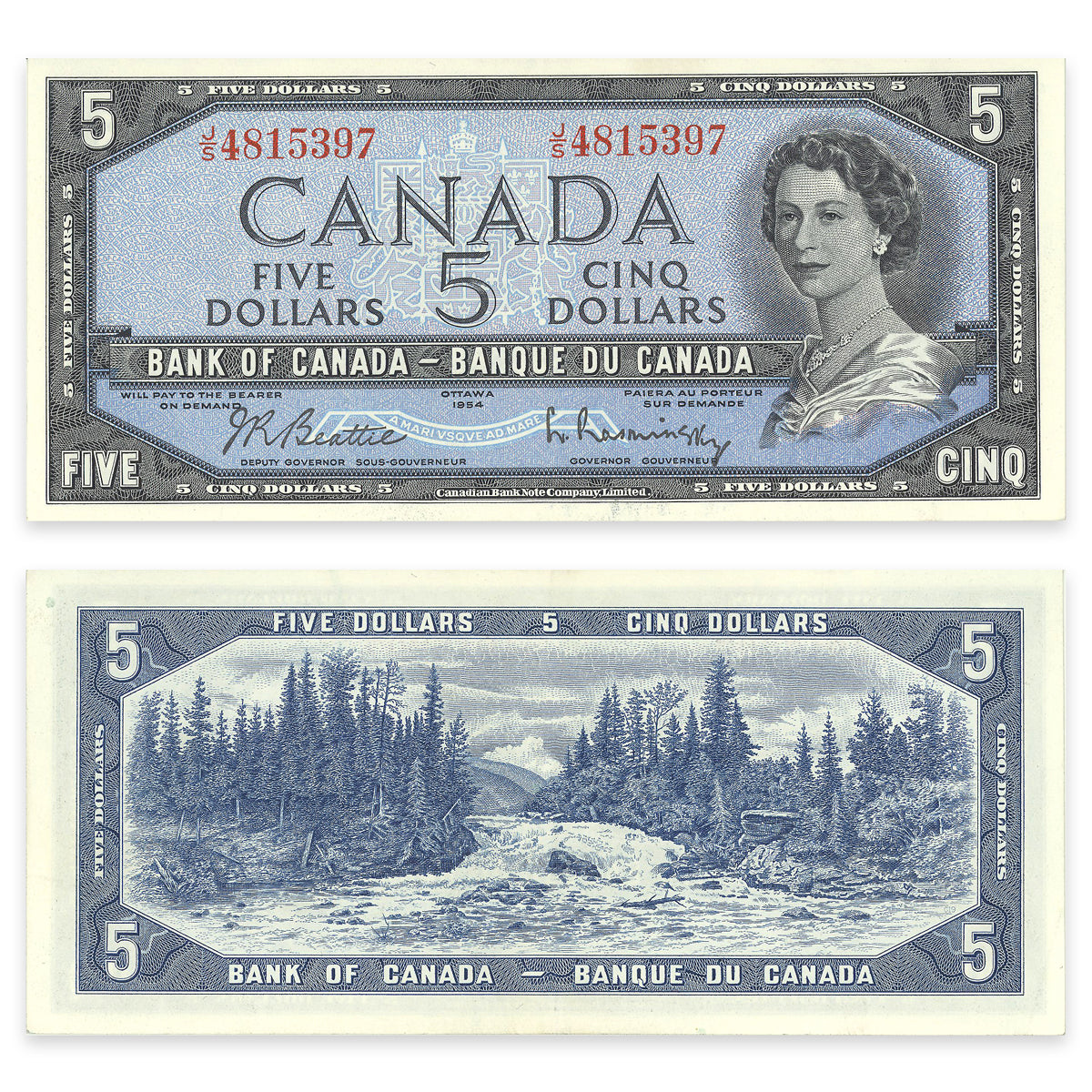 $5 1954 Modified Series BC-39b Beattie-Rasminsky Prefix J/S EF-45