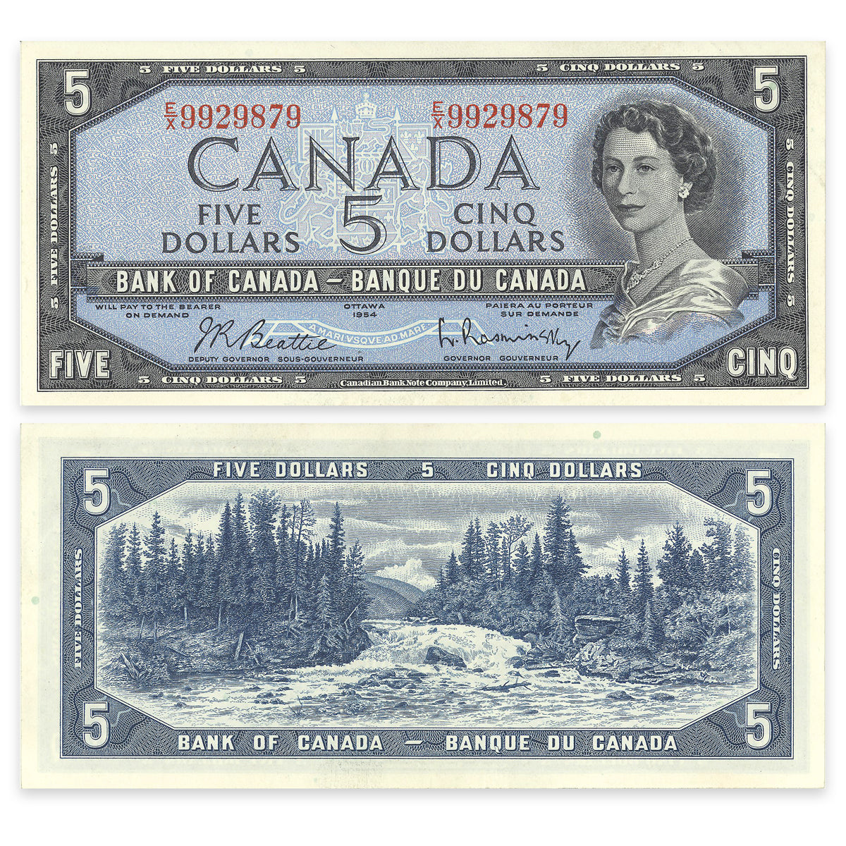 $5 1954 Modified Series BC-39b Beattie-Rasminsky Prefix E/X EF-45