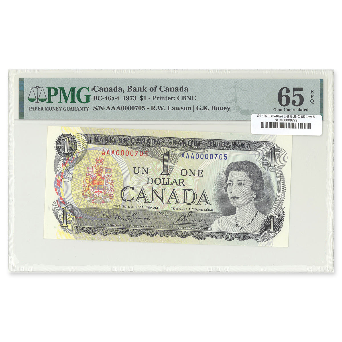 $1 1973 BC-46a-i Low Serial # Lawson-Bouey Prefix AAA PMG GUNC-65 EPQ