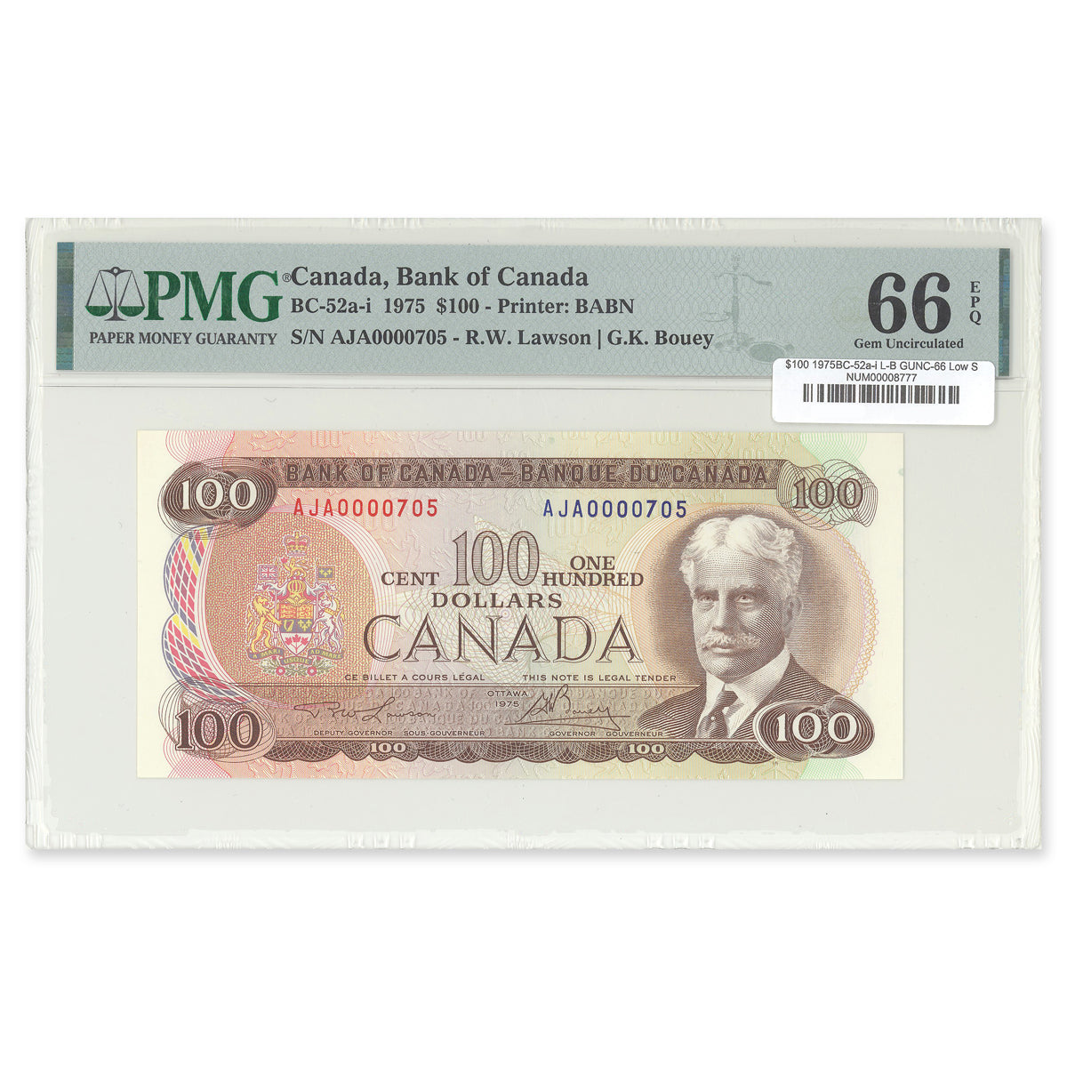 $100 1975 BC-52a-i Low Serial # Lawson-Bouey Prefix AJA PMG GUNC-66 EPQ
