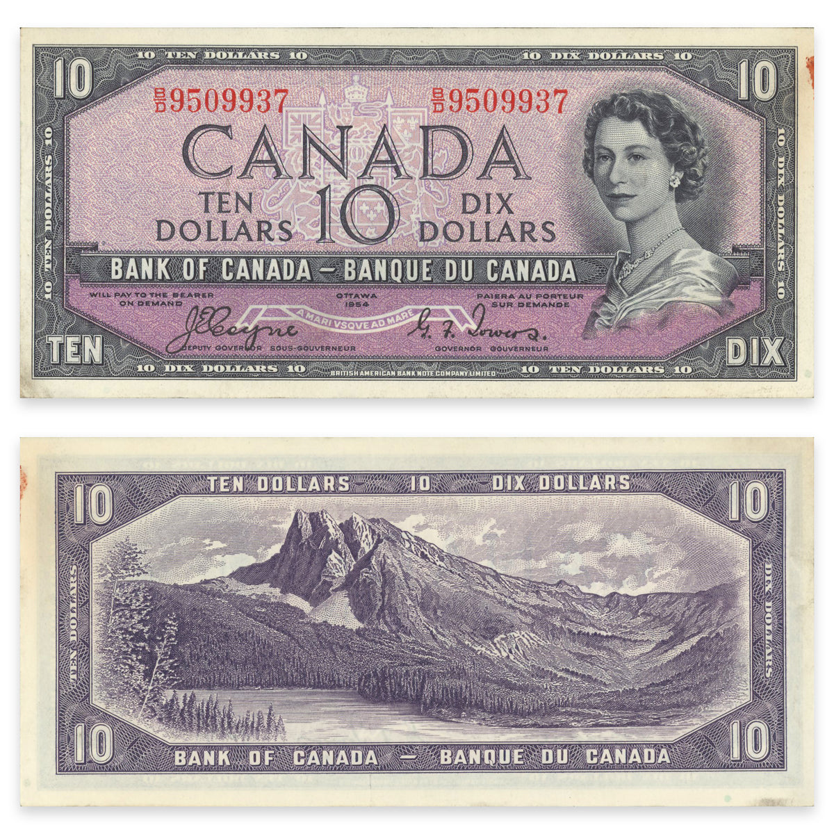 $10 1954 Devil's Face Series BC-32a Coyne-Towers Prefix B/D AU-50