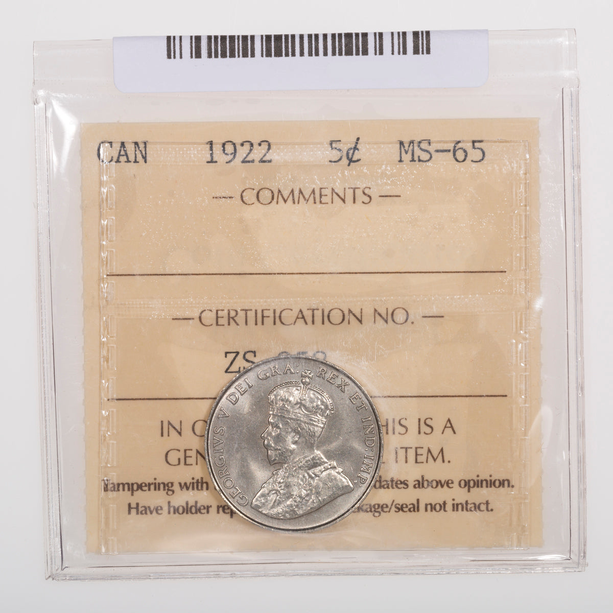 5 Cent 1922 ICCS MS-65
