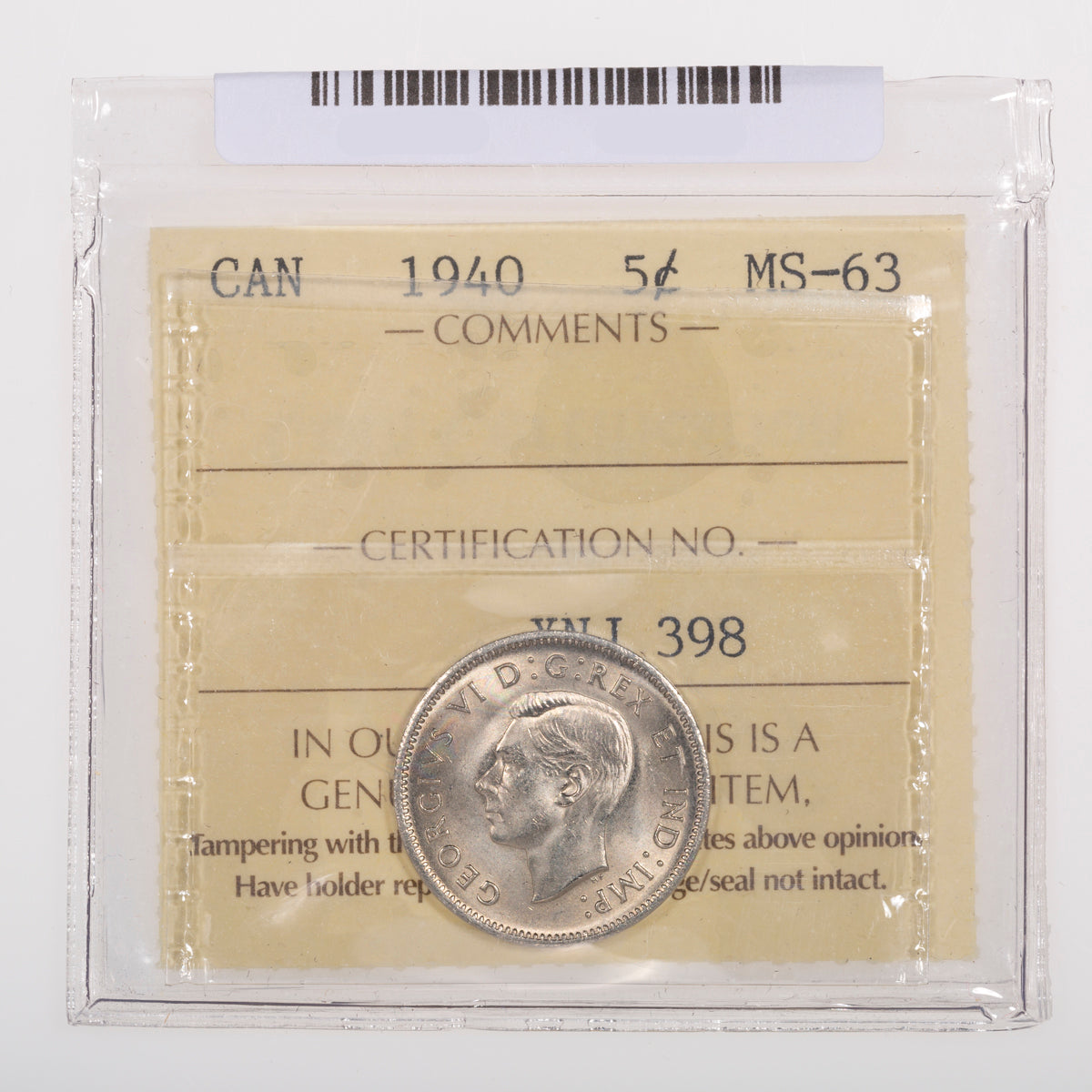 5 Cent 1940 ICCS MS-63