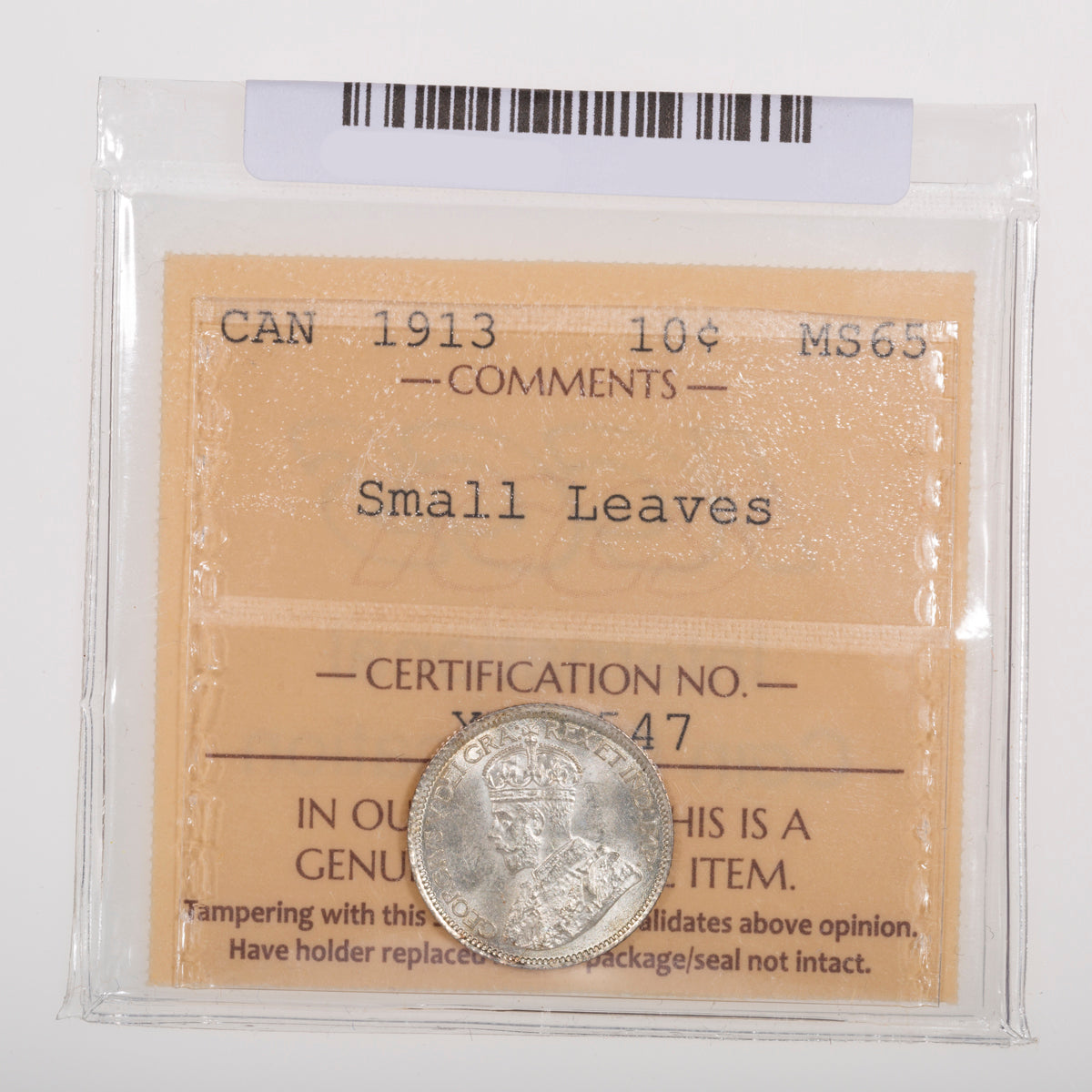 10 Cent 1913 Small Leaves ICCS MS-65