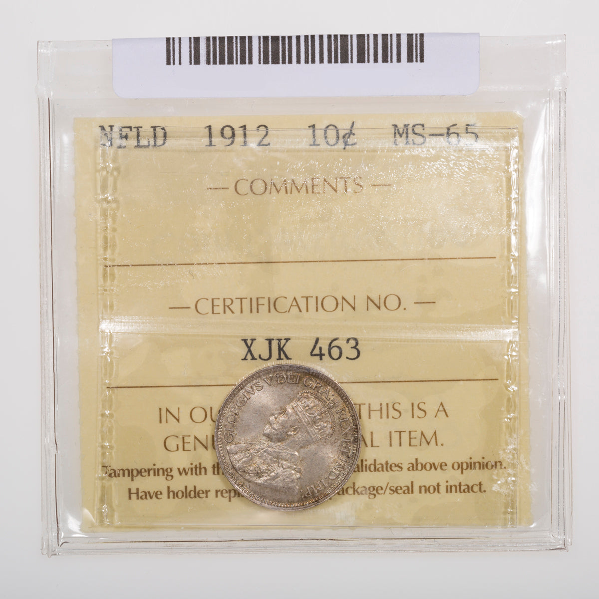 NFLD 1 Cent 1912 ICCS MS-65