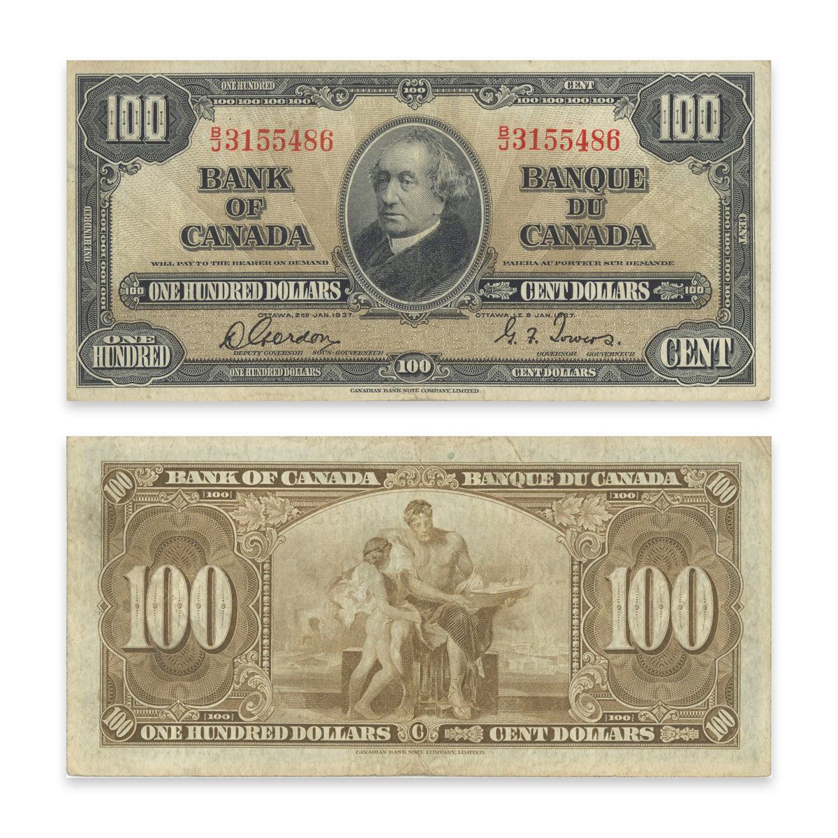 $100 1937 BC-27b Gordon-Towers Prefix B/J F-12