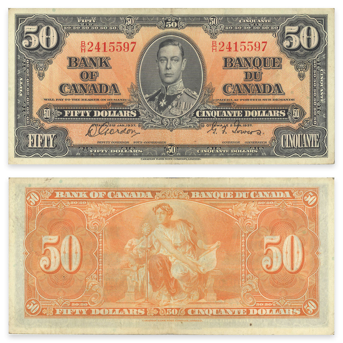 $50 1937 BC-26b Gordon-Towers Prefix B/H VF-25