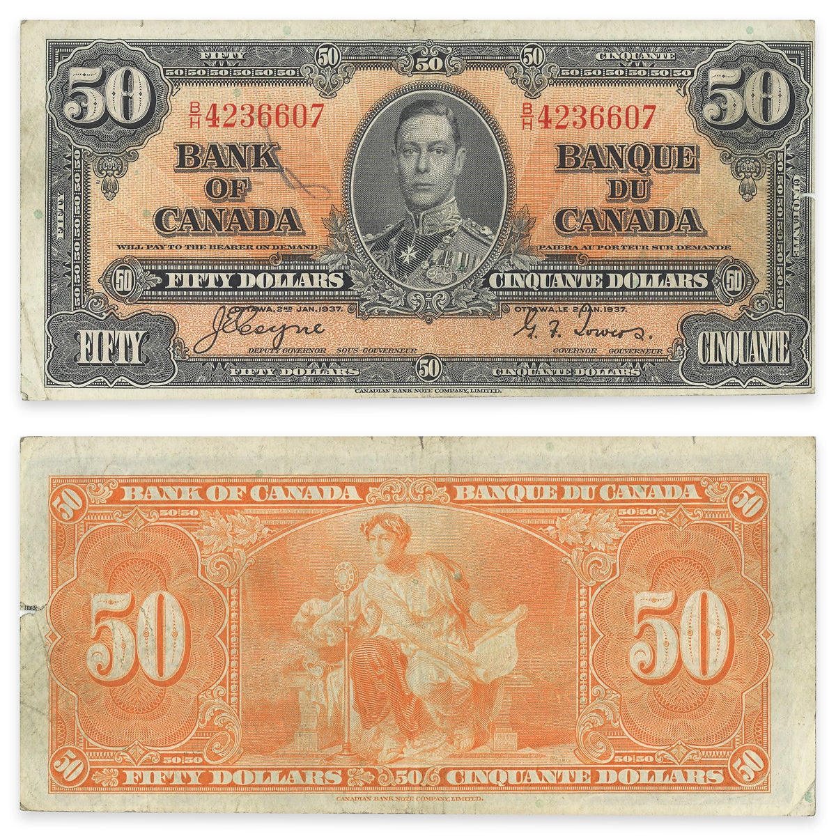 $50 1937 BC-26c Coyne-Towers Prefix B/H VF-25