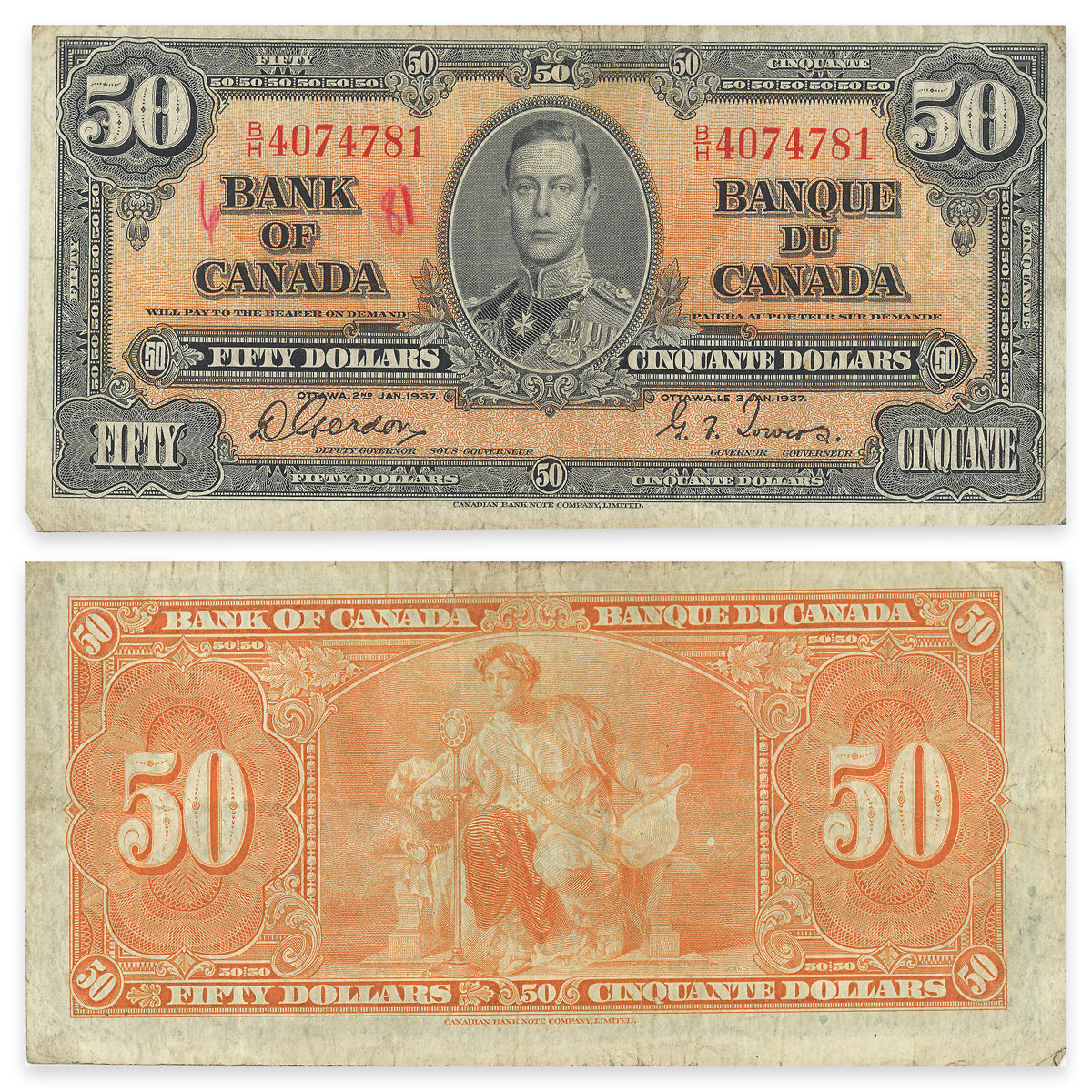 $50 1937 BC-26b Gordon-Towers Prefix B/H VF-20