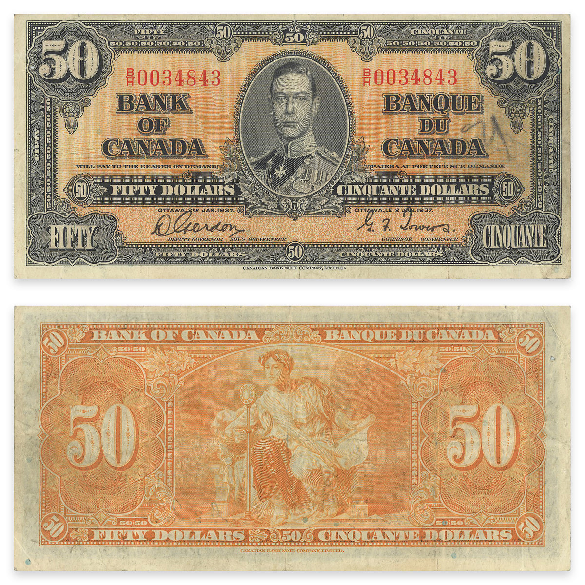 $50 1937 BC-26b Gordon-Towers Prefix B/H VF-20