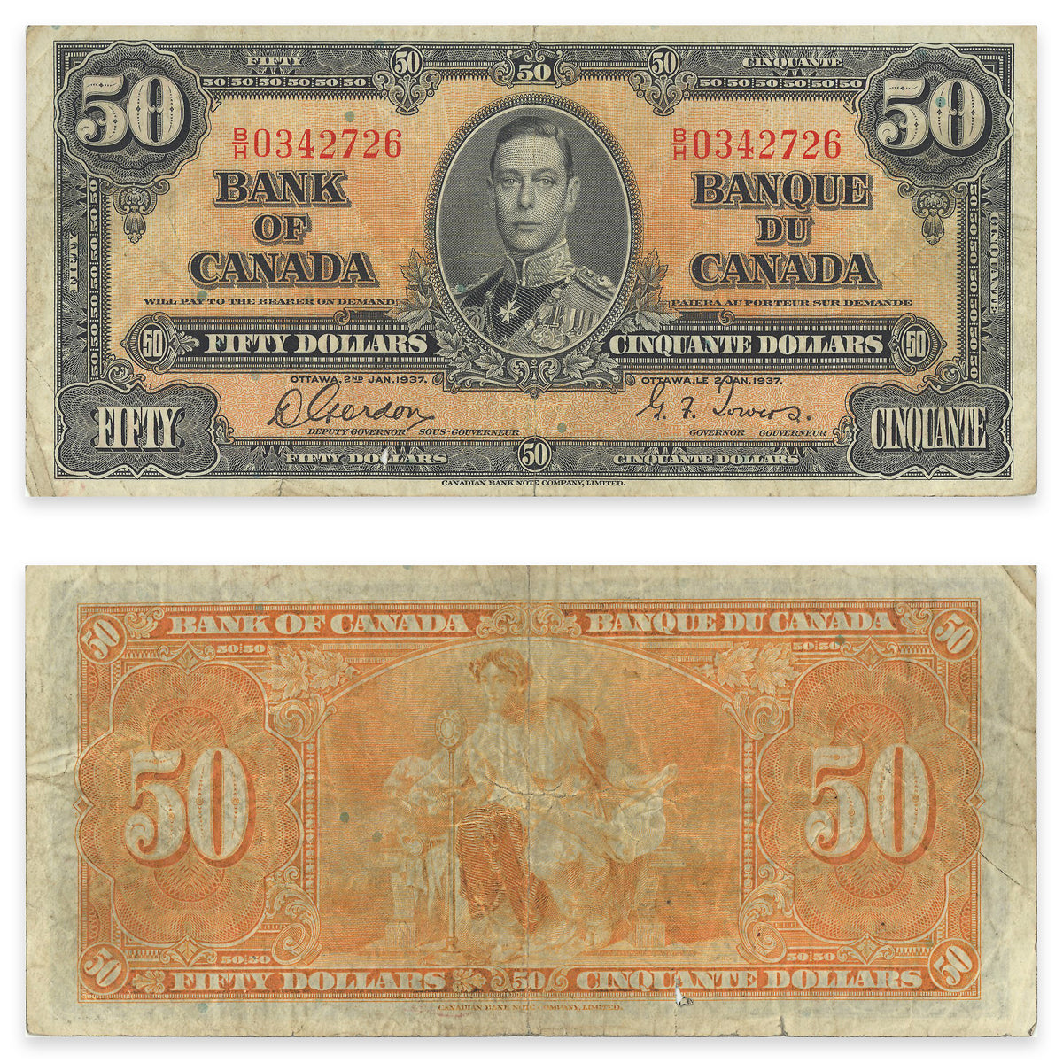 $50 1937 BC-26b Gordon-Towers Prefix B/H F-12