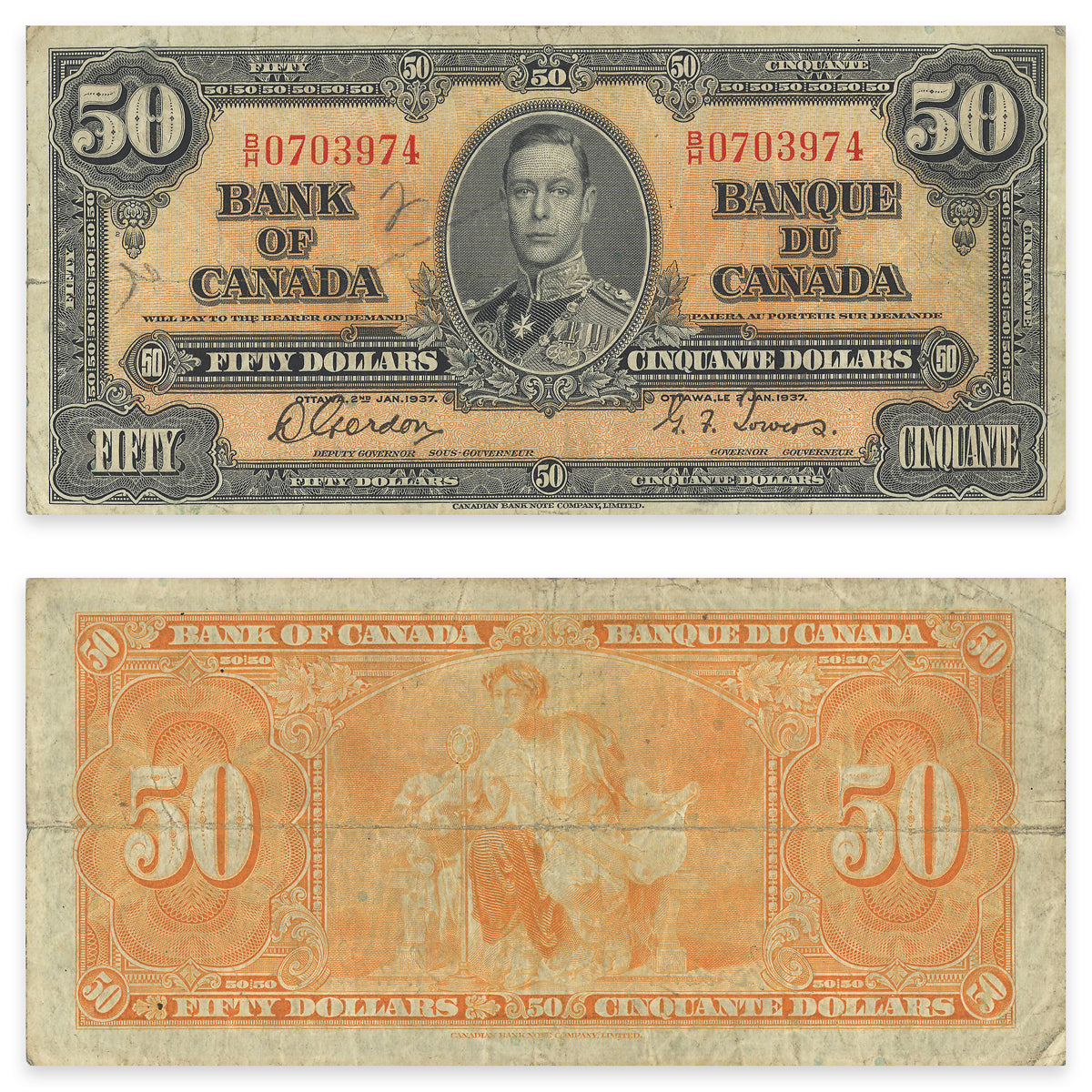 $50 1937 BC-26b Gordon-Towers Prefix B/H VG-8