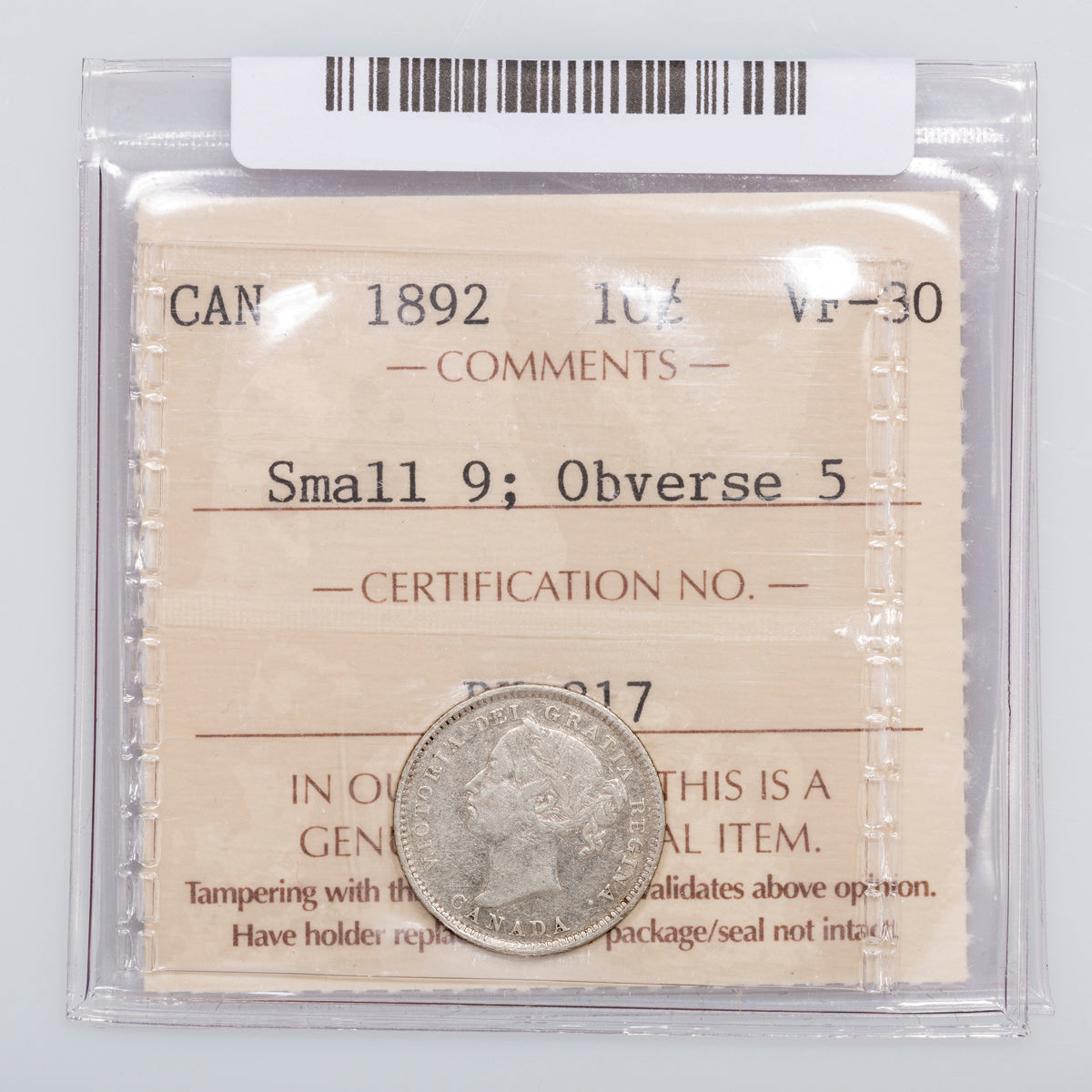 10 Cent 1892 Small 9 Obverse 5 ICCS VF-30