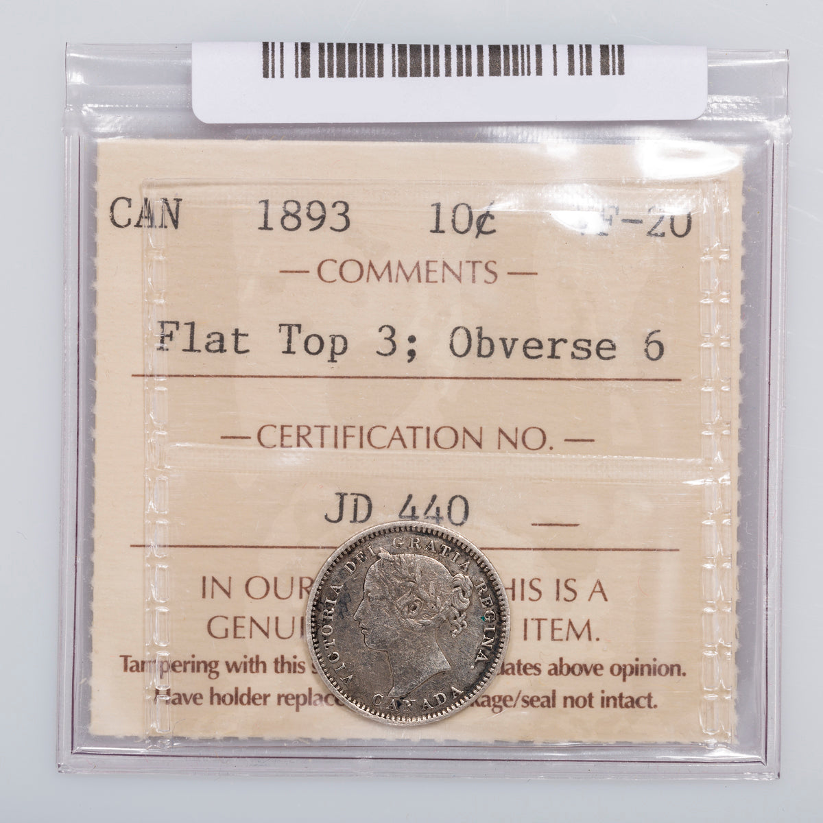 10 Cent 1893 Flat Top 3 Obverse 6 ICCS VF-20