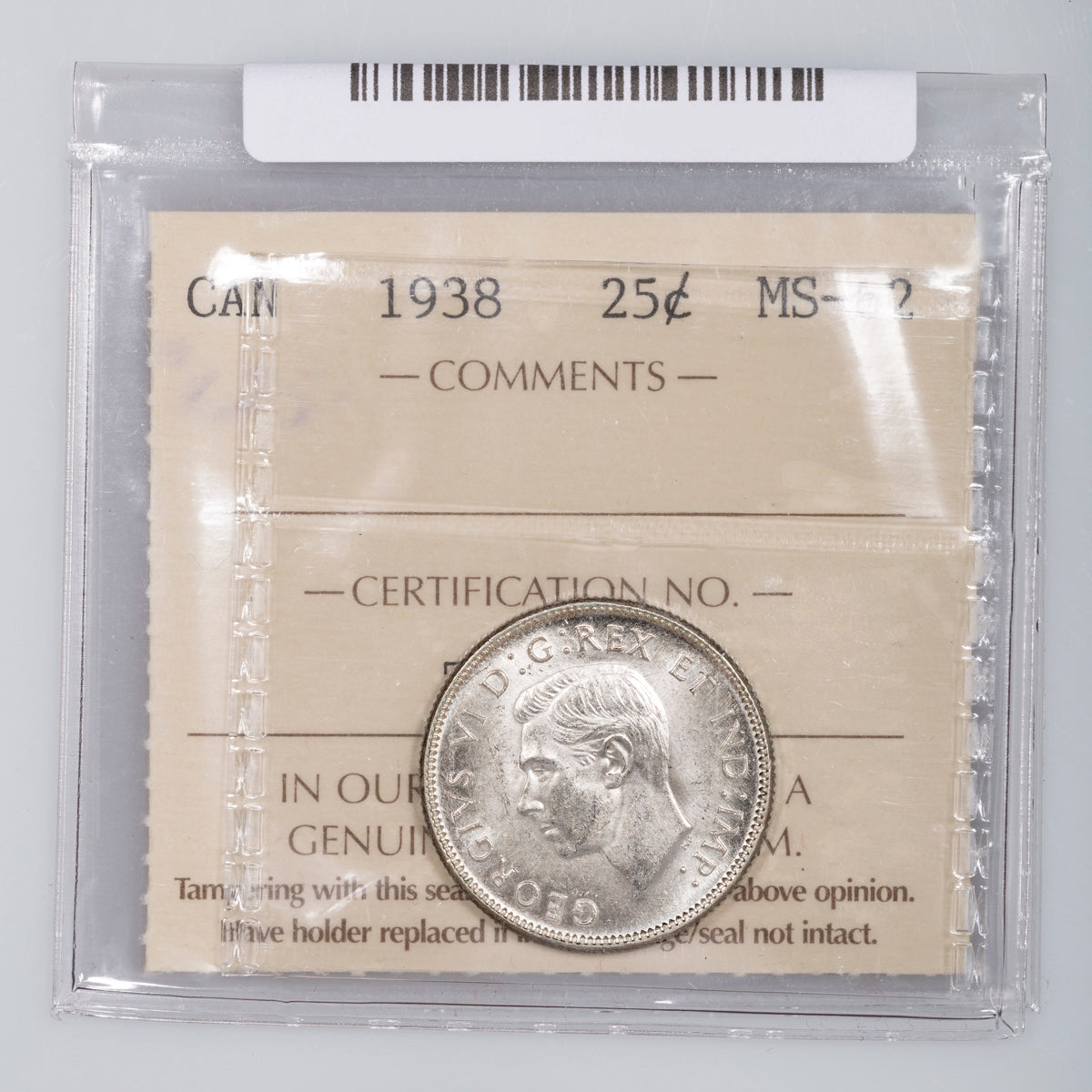 25 Cent 1938 ICCS MS-62