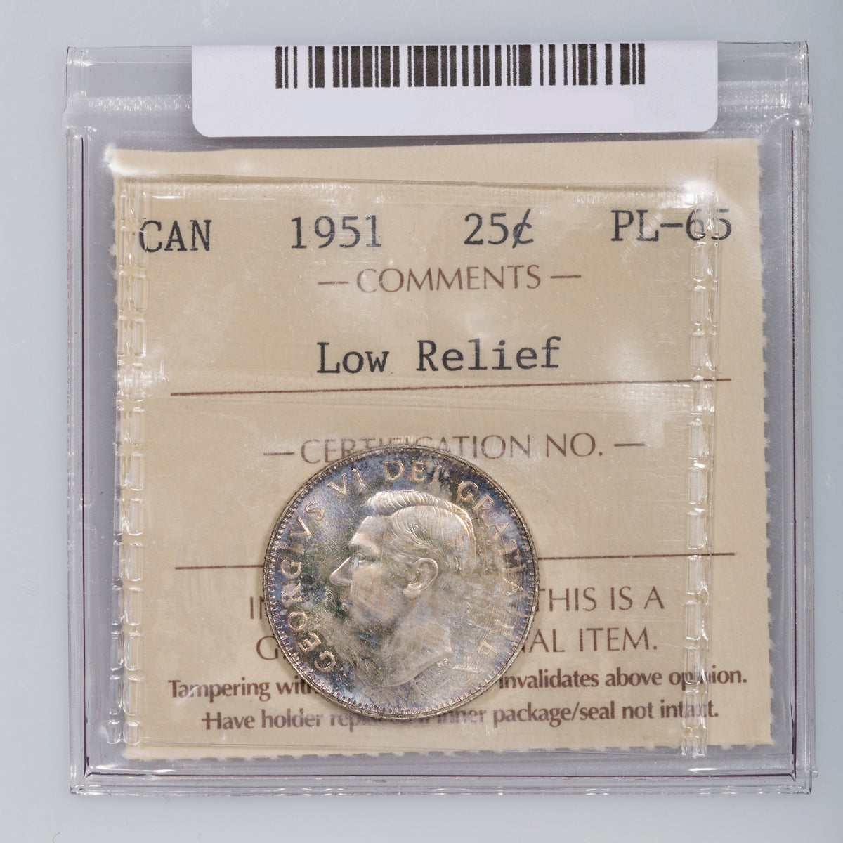 25 Cent 1951 Low Relief ICCS PL-65