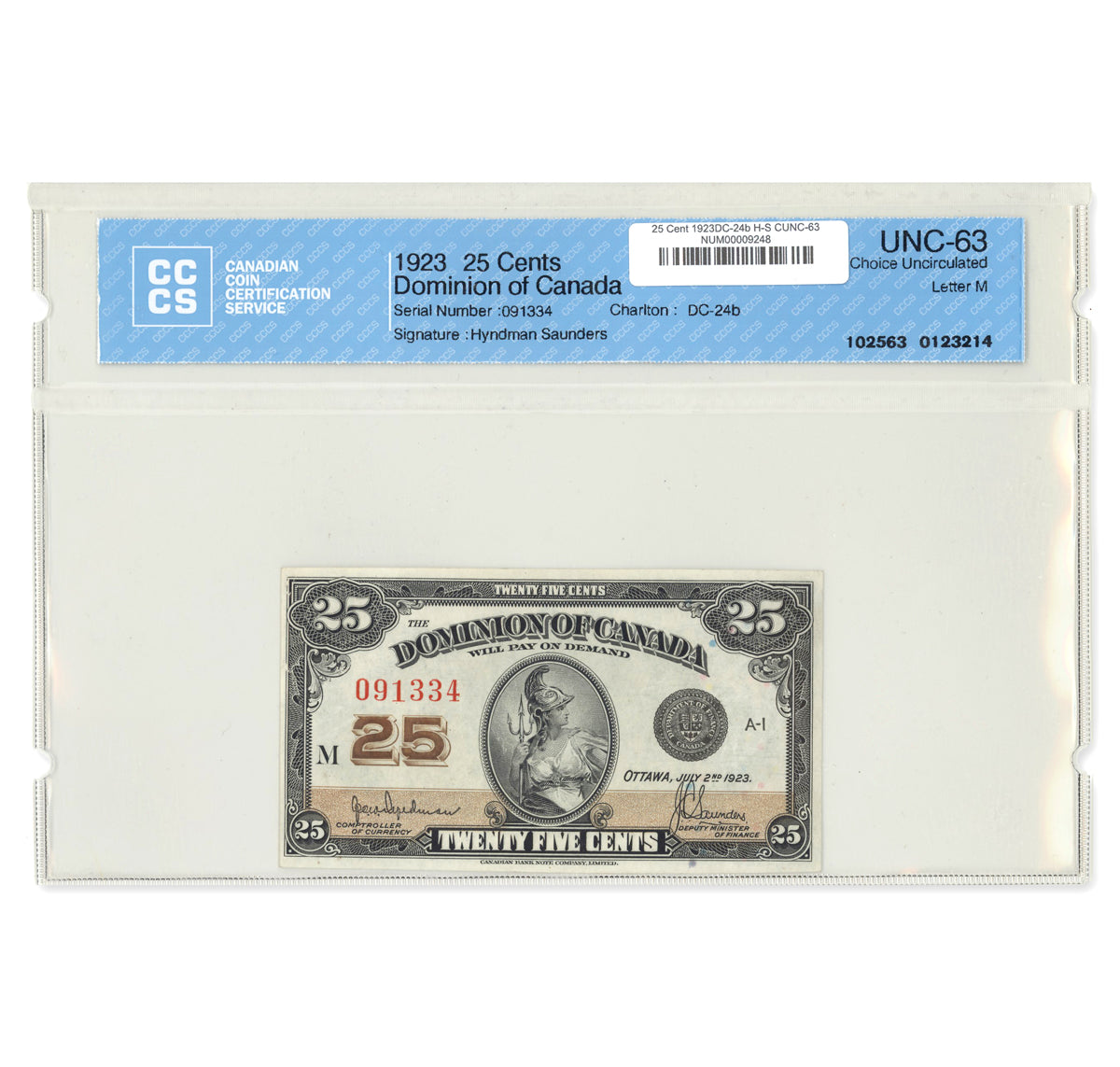 25 Cent 1923 DC-24b Hyndman-Saunders CCCS CUNC-63