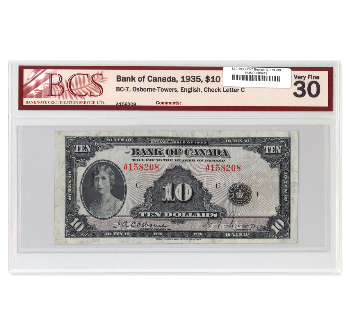 $10 1935 BC-7 English Osborne-Towers Prefix A BCS VF-30