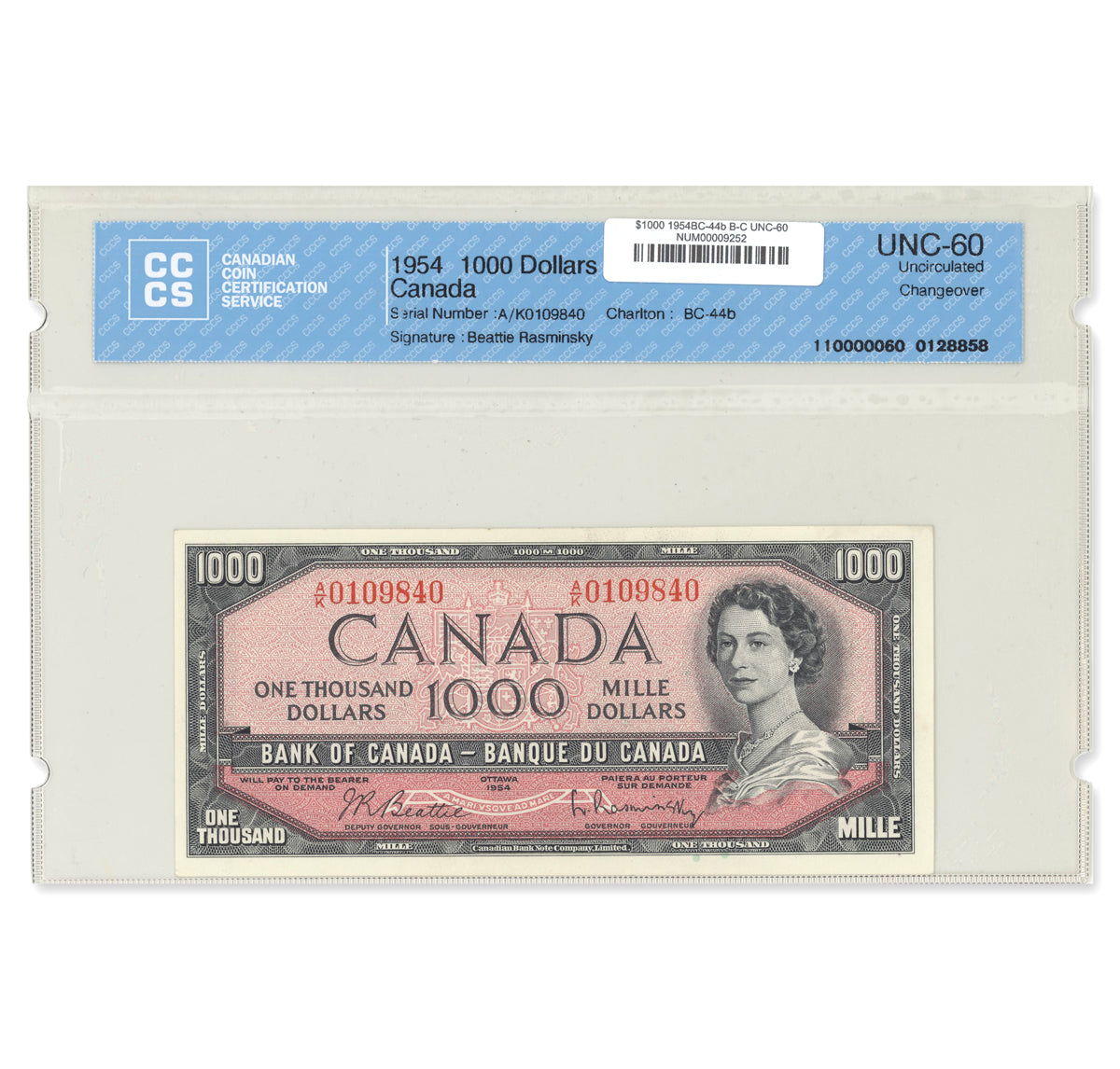 $1000 1954 Modified Series BC-44b Beattie-Coyne Prefix A/K CCCS UNC-60