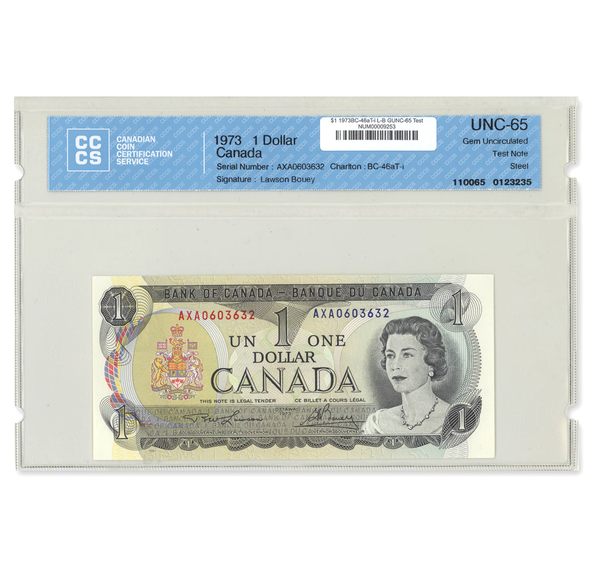 $1 1973 BC-46aT-i Test Note Lawson-Bouey Prefix AXA CCCS GUNC-65
