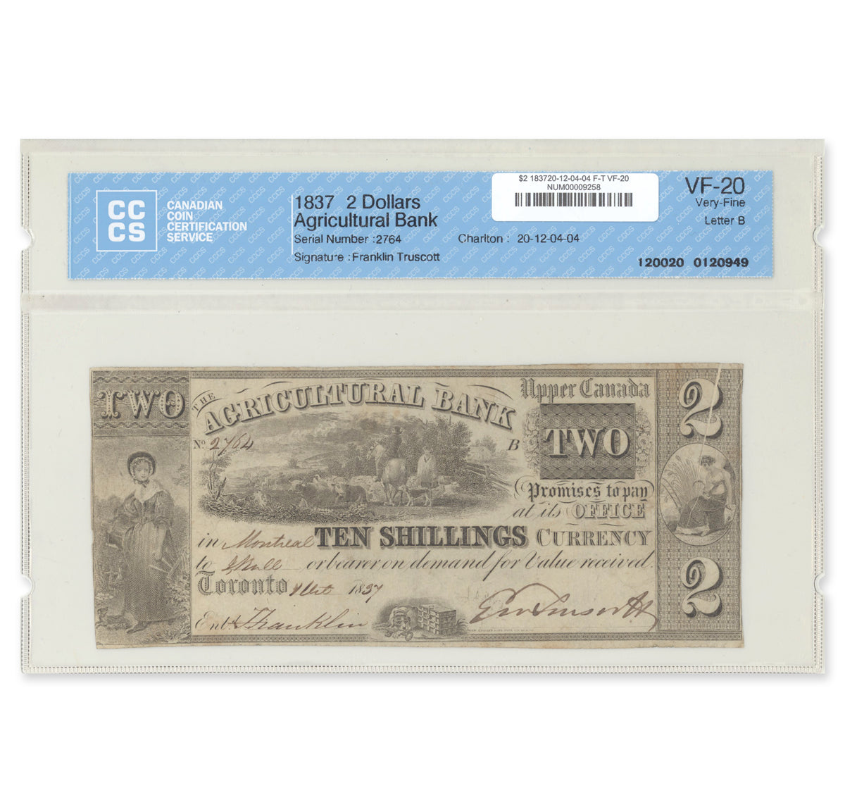 $2 1837 20-12-04-04 Agricultural Bank Franklin-Truscott CCCS VF-20