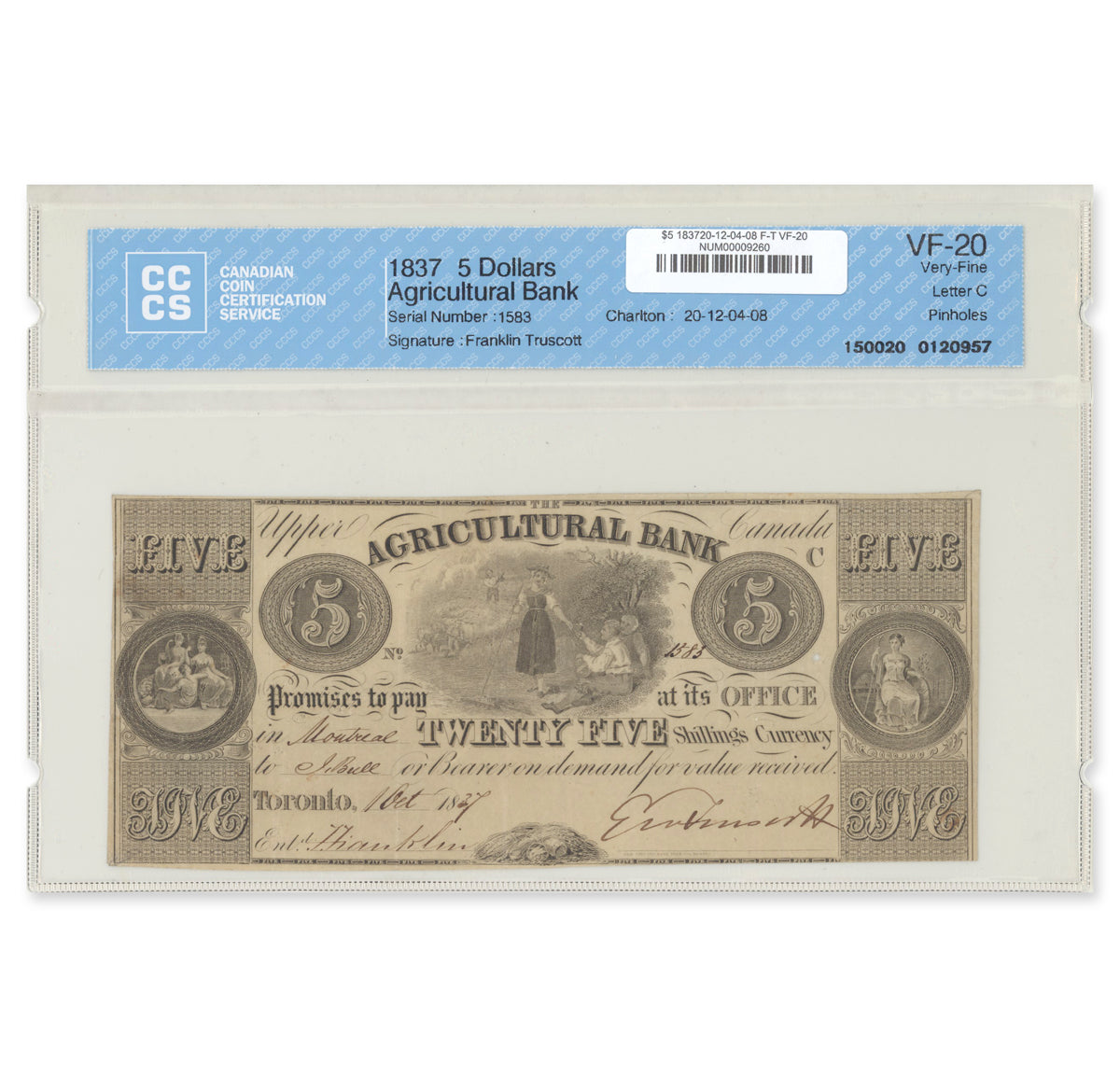 $5 1837 20-12-04-08 Agricultural Bank Franklin-Truscott CCCS VF-20