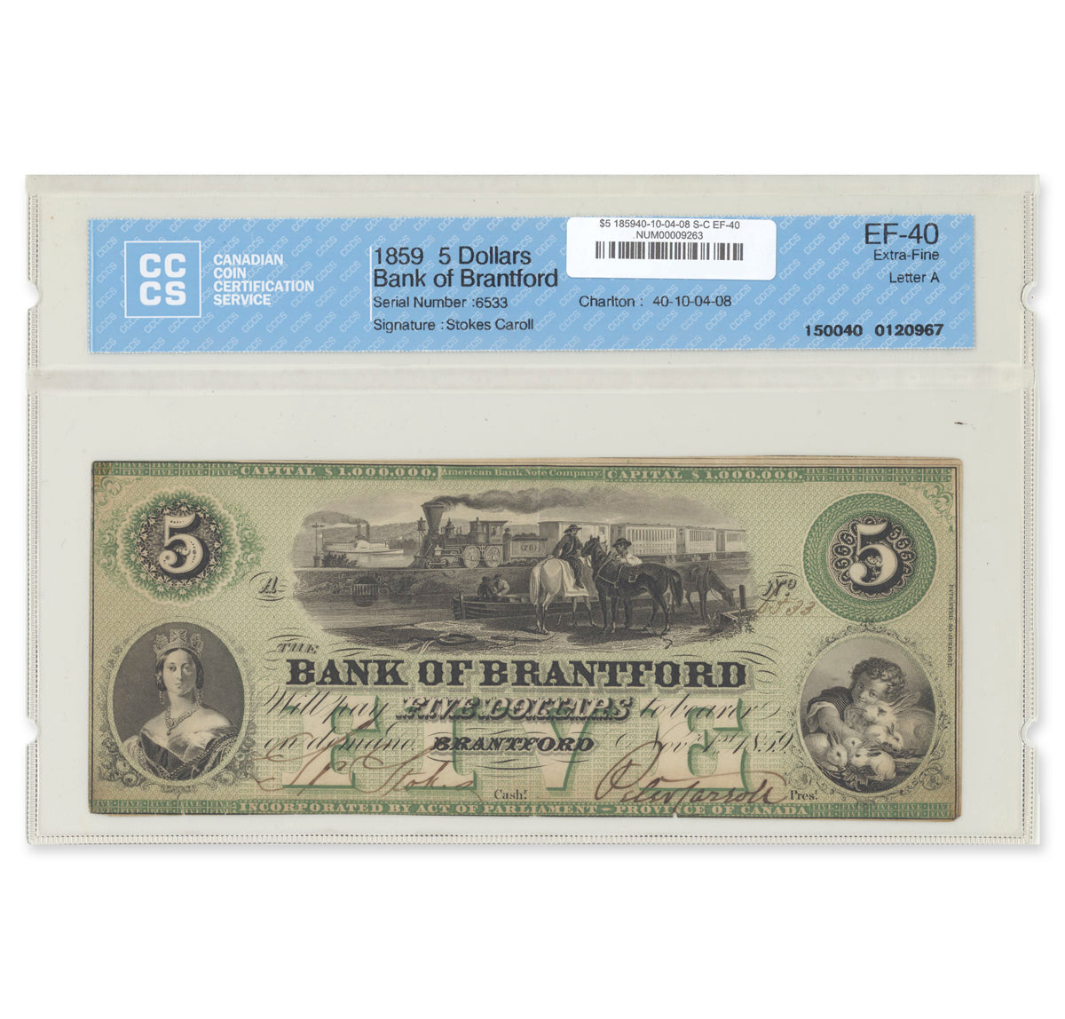 $5 1859 40-10-04-08 Bank of Brantford Stokes-Carroll CCCS EF-40