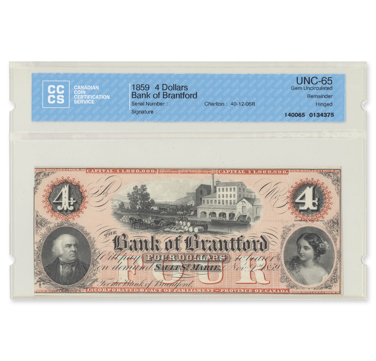 Denomination set 1859 40-12-R Paper Money Set Bank of Brantford CCCS GUNC-65