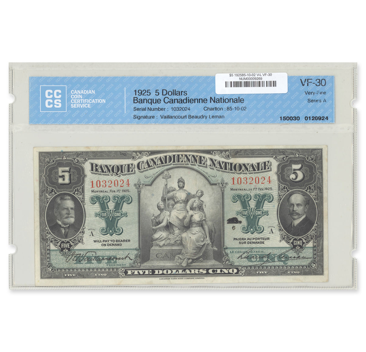 $5 1925 85-10-02 Banque Canadienne National Vaillancourt-Leman CCCS VF-30