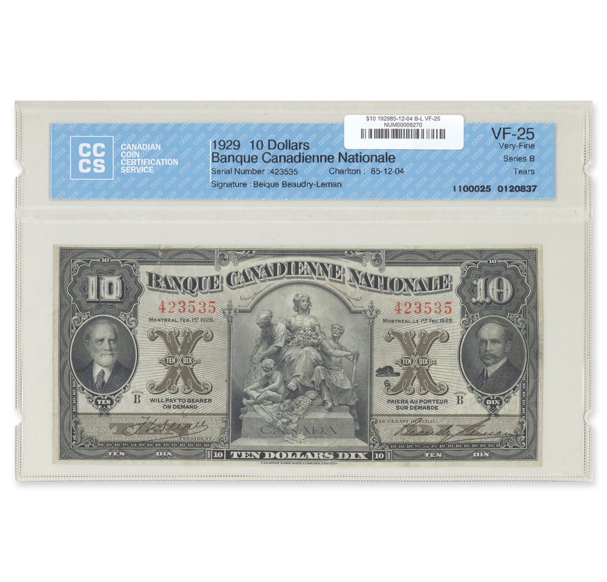 $10 1929 85-12-04 Banque Canadienne National Beique-Leman CCCS VF-25